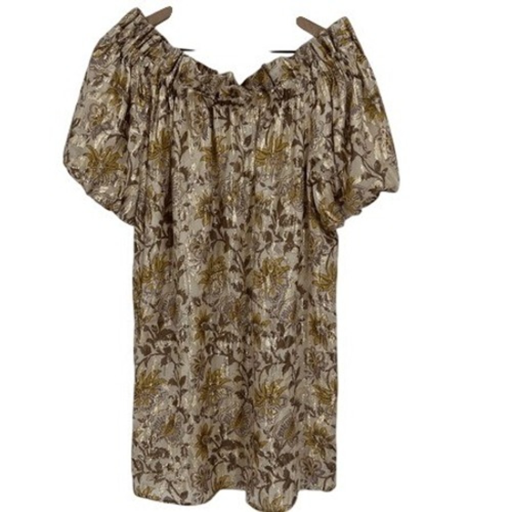 Sezane Rosita Dress in Miranda 40 US 8 Gold Floral Silk Metallic Off Shoulder - Picture 3 of 12